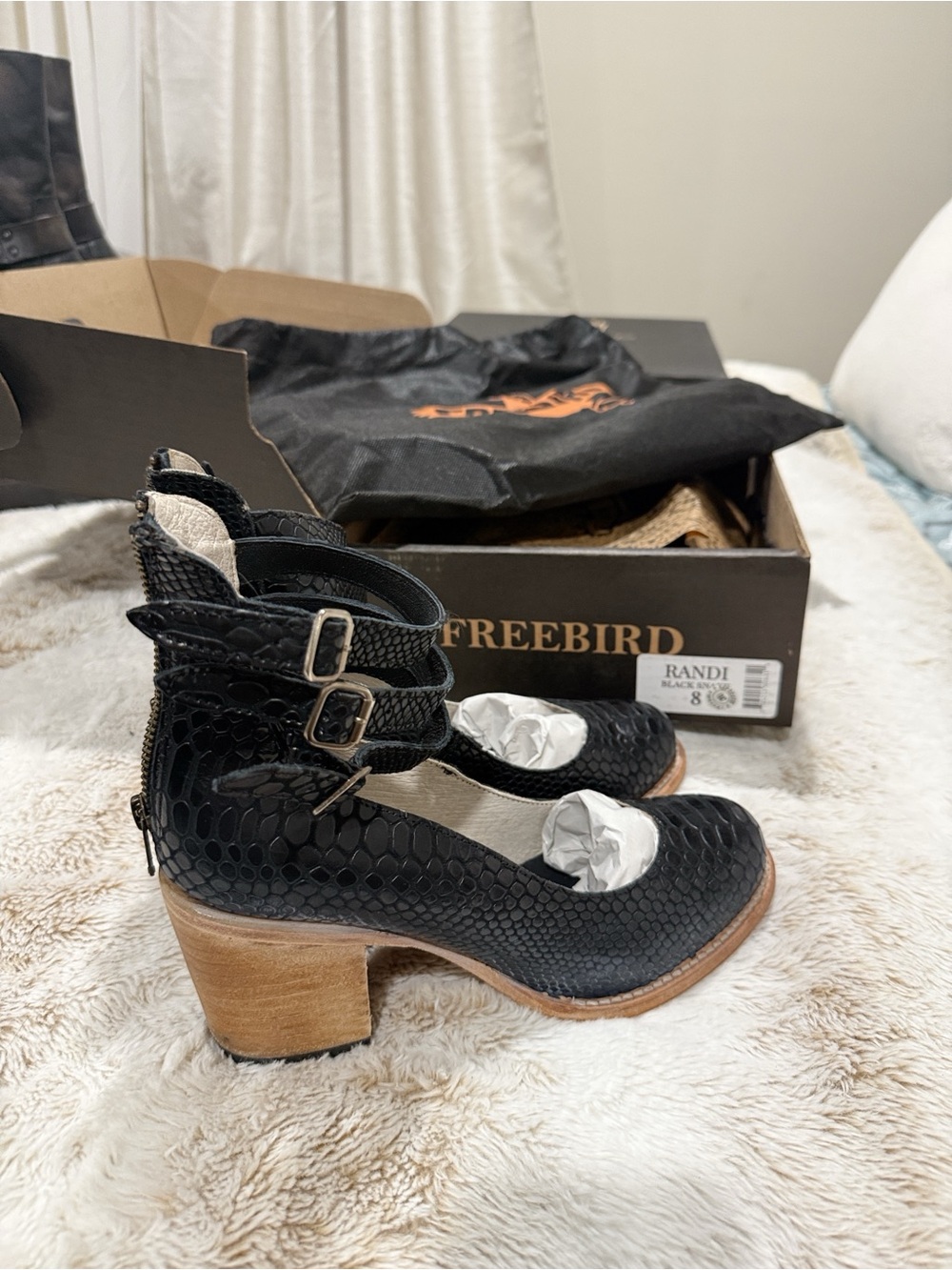 Freebird by Steven Randi Black Snake Leather Heels Size 8 NIB
